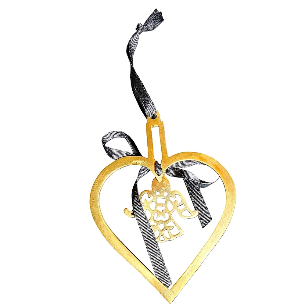 Vintage Brass Heart With Center Angel & Black‎ Ribbon Christmas Ornament 6